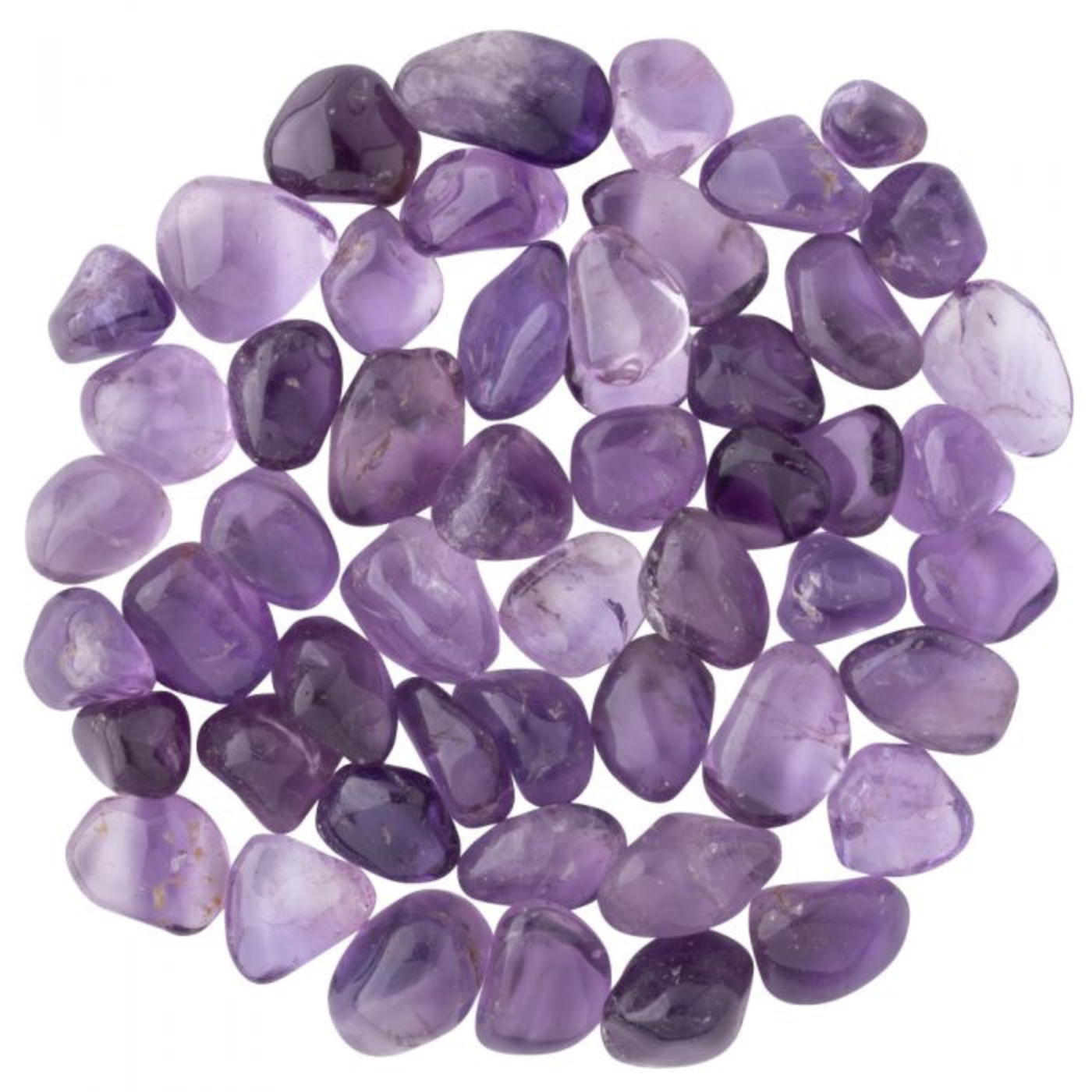 Purple tumbled amethyst loose gemstones on a white background