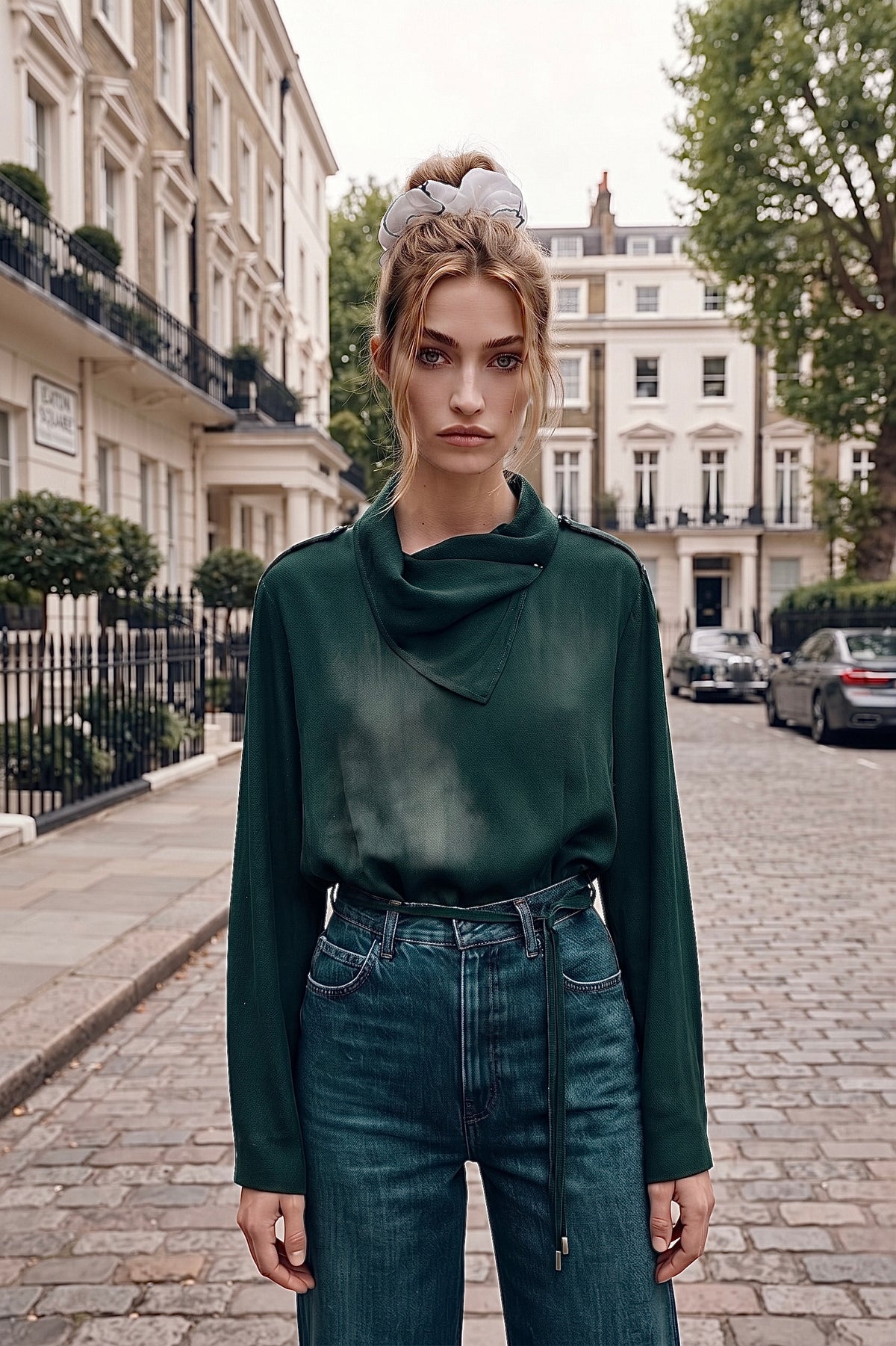 A woman stands on a cobblestone street wearing a white organza scrunchie, a dark green cowl-neck long-sleeve blouse and high-waisted dark blue jeans with a drawstring waist. The background shows classic European-style buildings and parked cars.
