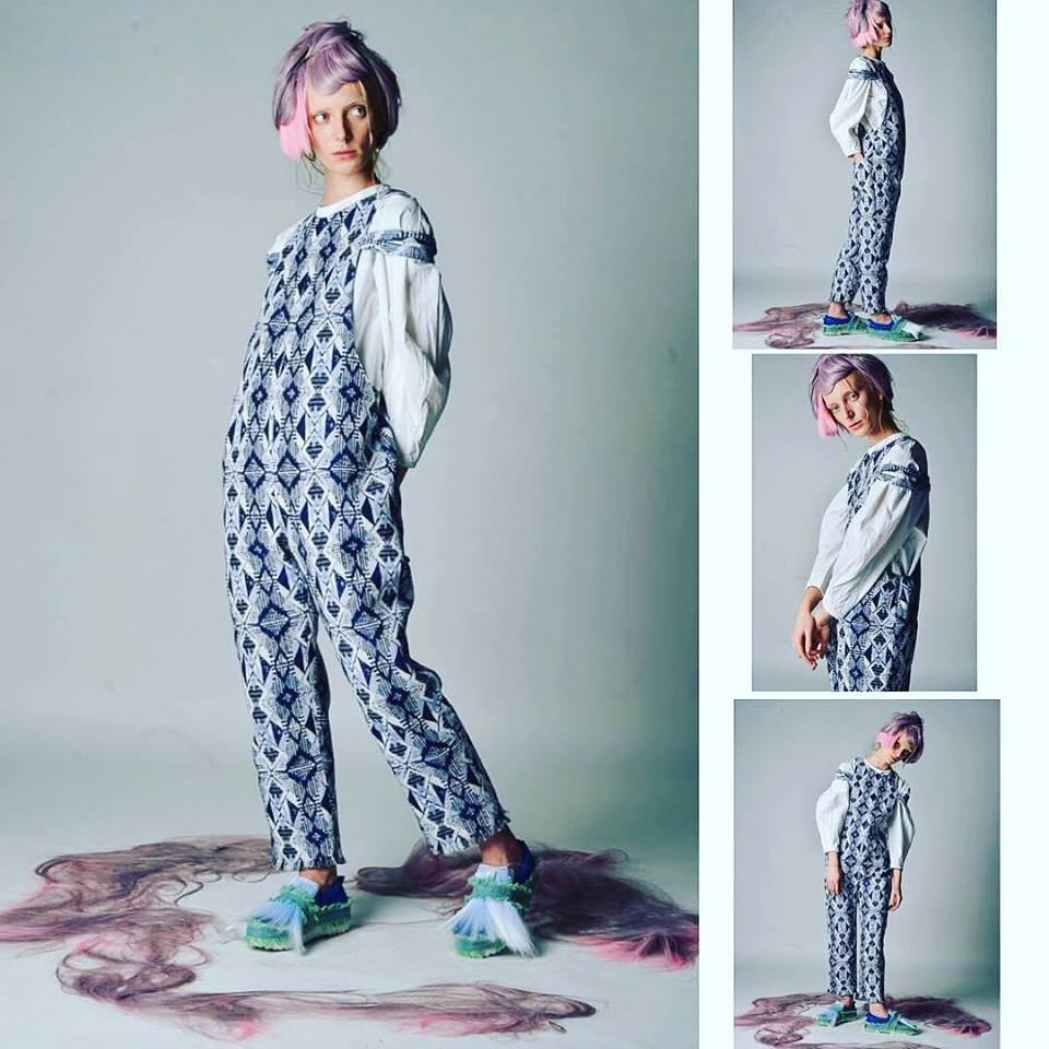 Model wearing a patterned outfit with hair attached on the outfit with additional images of the same person on a gray background